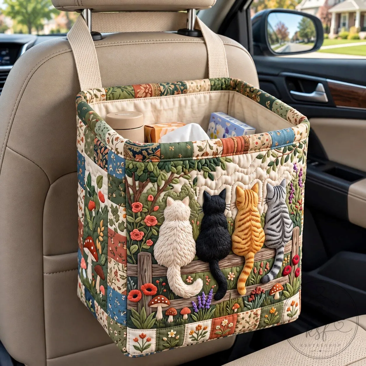 Cats on Fence Quilted Car Organizer Basket for Backseat Storage
