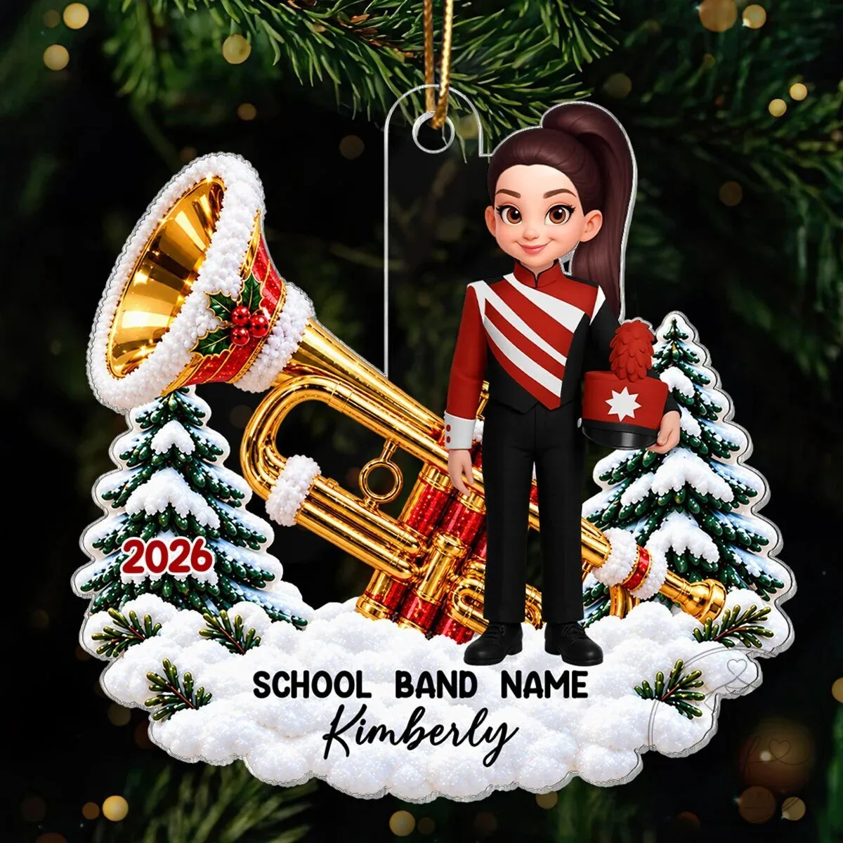 Personalized Marching Band Girl with Trumpet and Snow Christmas Tree Ornament