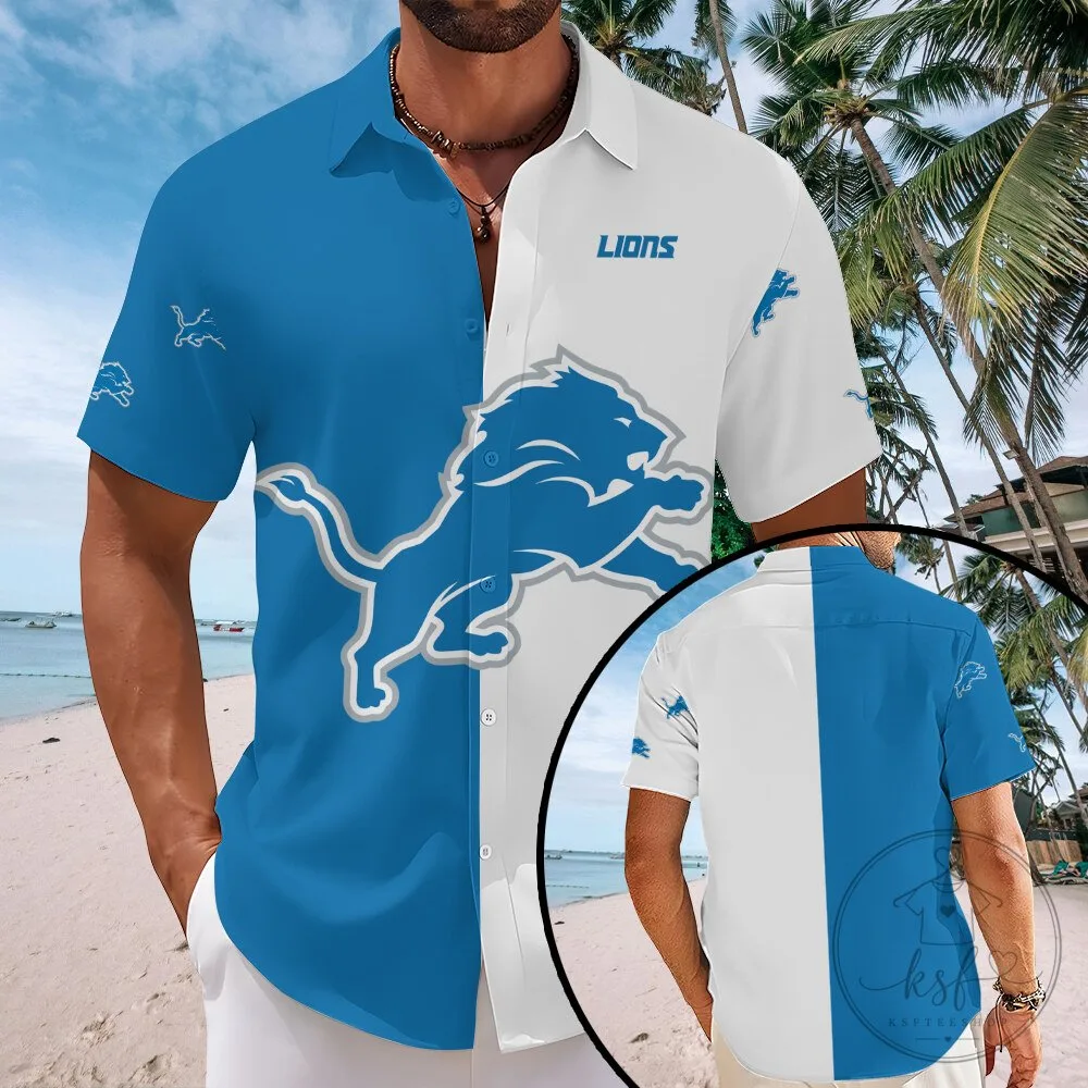 Detroit Lions Shirt Blue White Hawaiian Button Down Short Sleeve Shirt