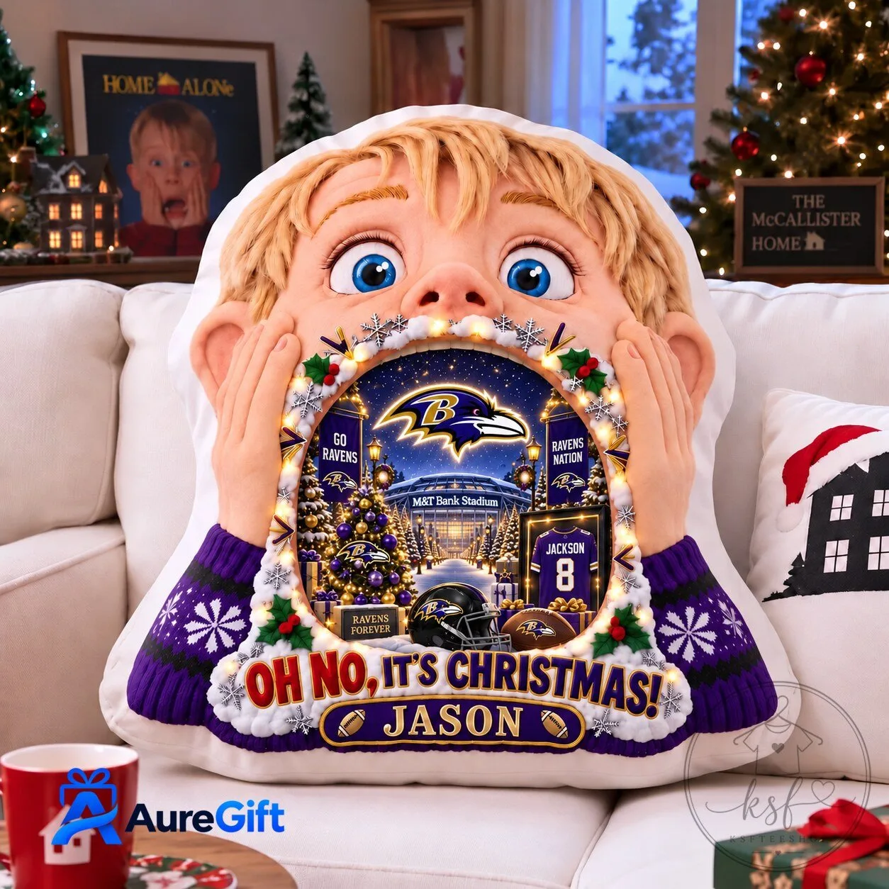 Baltimore Ravens Home Alone Christmas Kevin McCallister Oh No It's Christmas Pillow