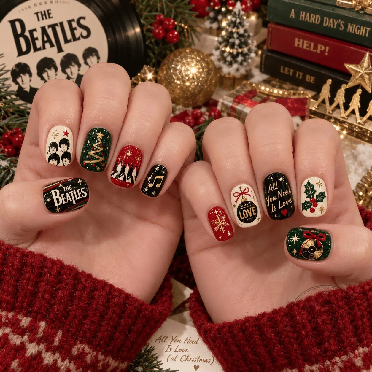 The Beatles Christmas Holiday Press On Nails Set with Festive Designs