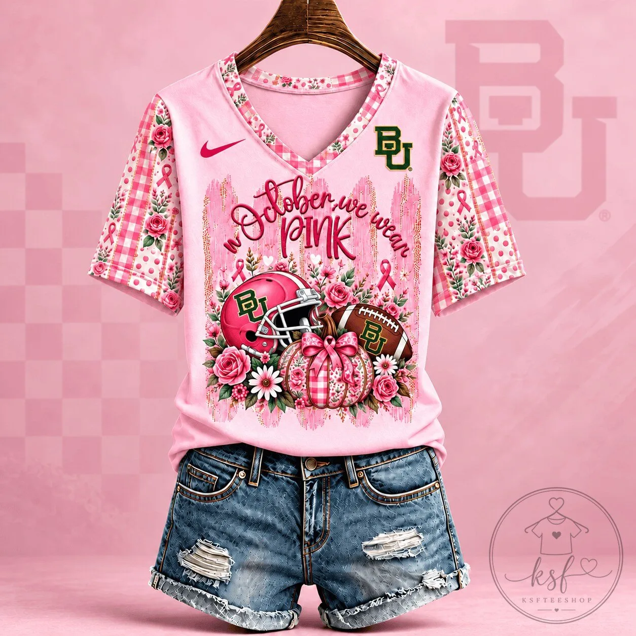 Baylor Bears In October We Wear Pink Breast Cancer Awareness V-Neck T-Shirt