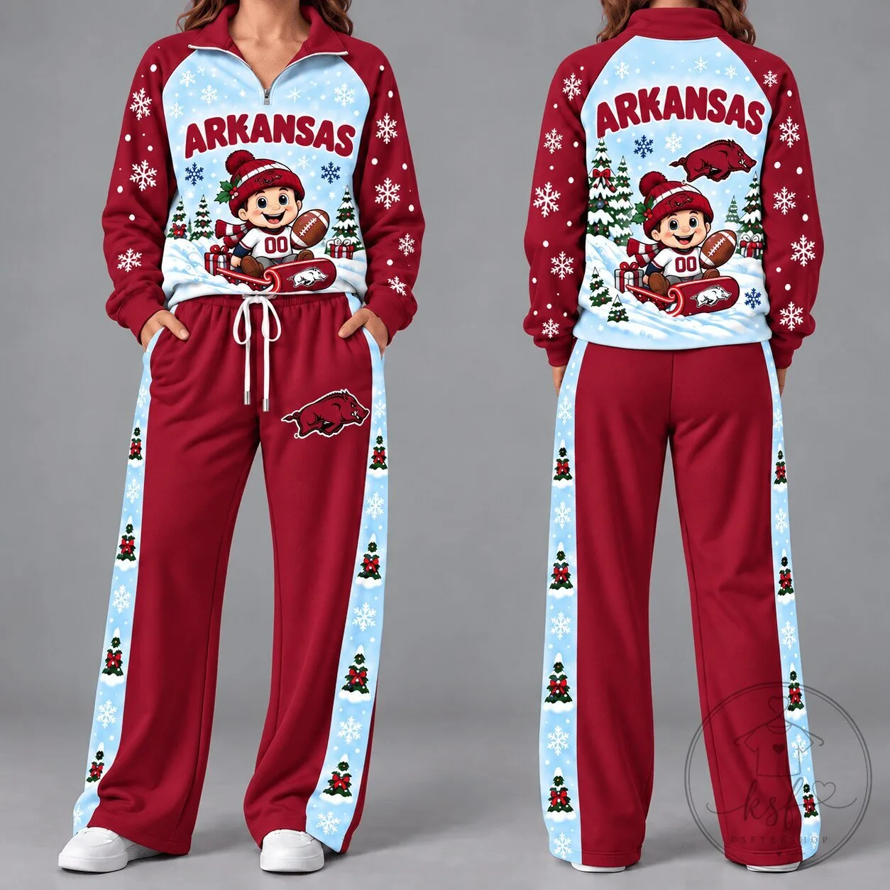 Arkansas Razorbacks Christmas Snowman Sledding Women's Quarter-Zip Sweatshirt
