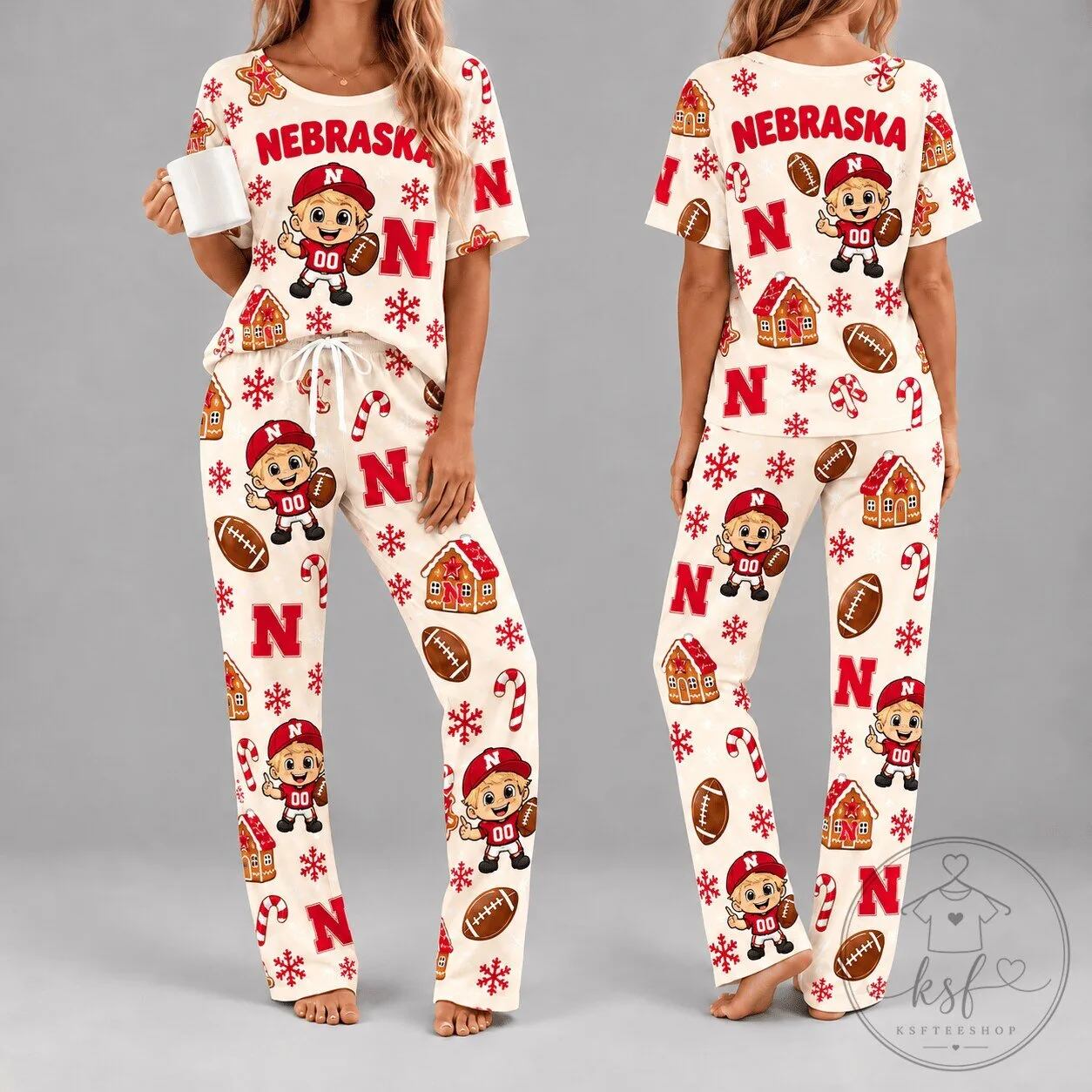 Nebraska Cornhuskers Christmas Holiday Gingerbread Football Women's Pajamas Set
