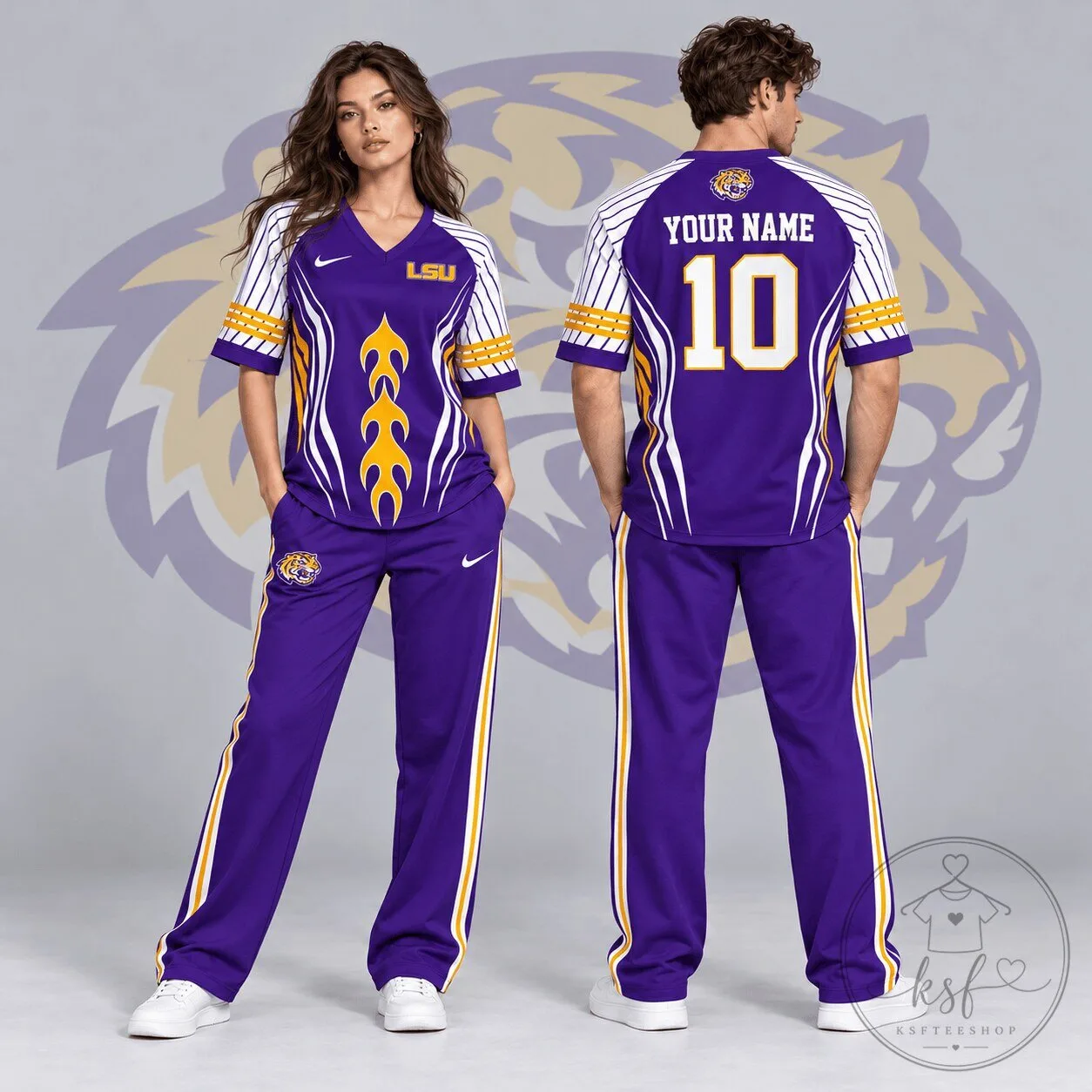 LSU Tigers Flame Stripe Personalized V-Neck Football Jersey