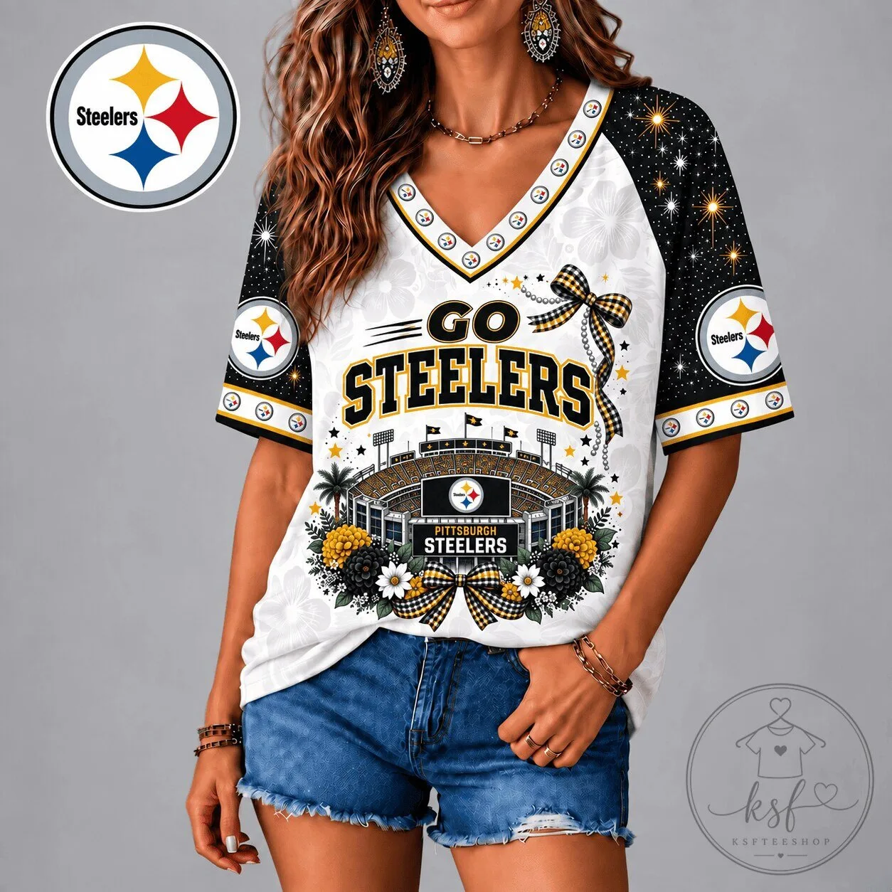Pittsburgh Steelers Football Team Floral Stadium Design V-Neck T-Shirt