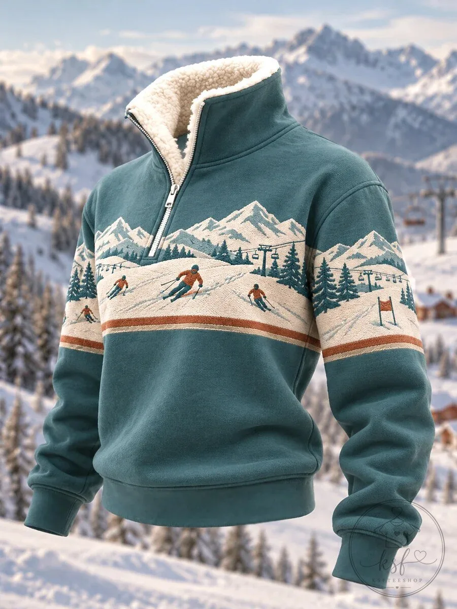 Ski Season Mountain Landscape Quarter Zip Pullover Sweatshirt for Women