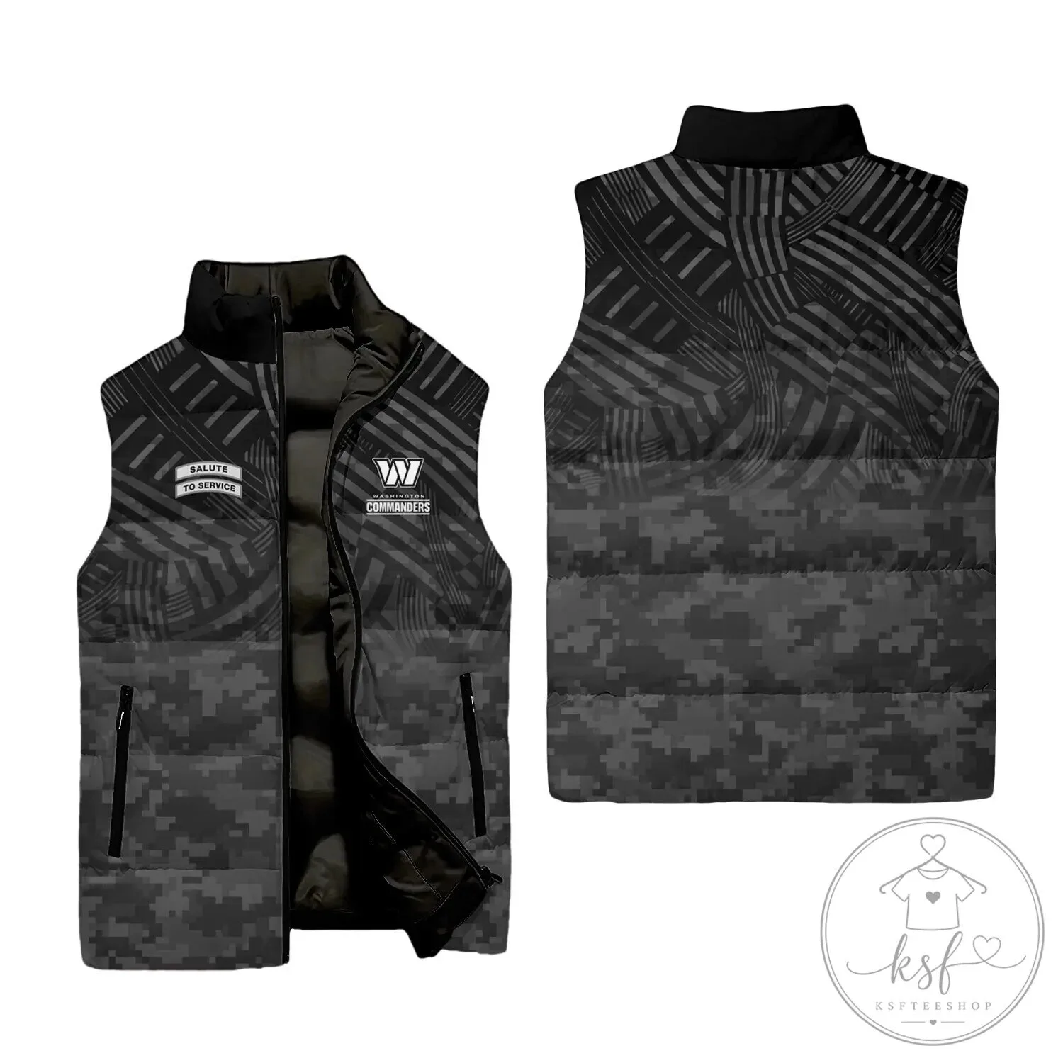 Washington Commanders Salute To Service Black Digital Camo Puffer Vest Jacket