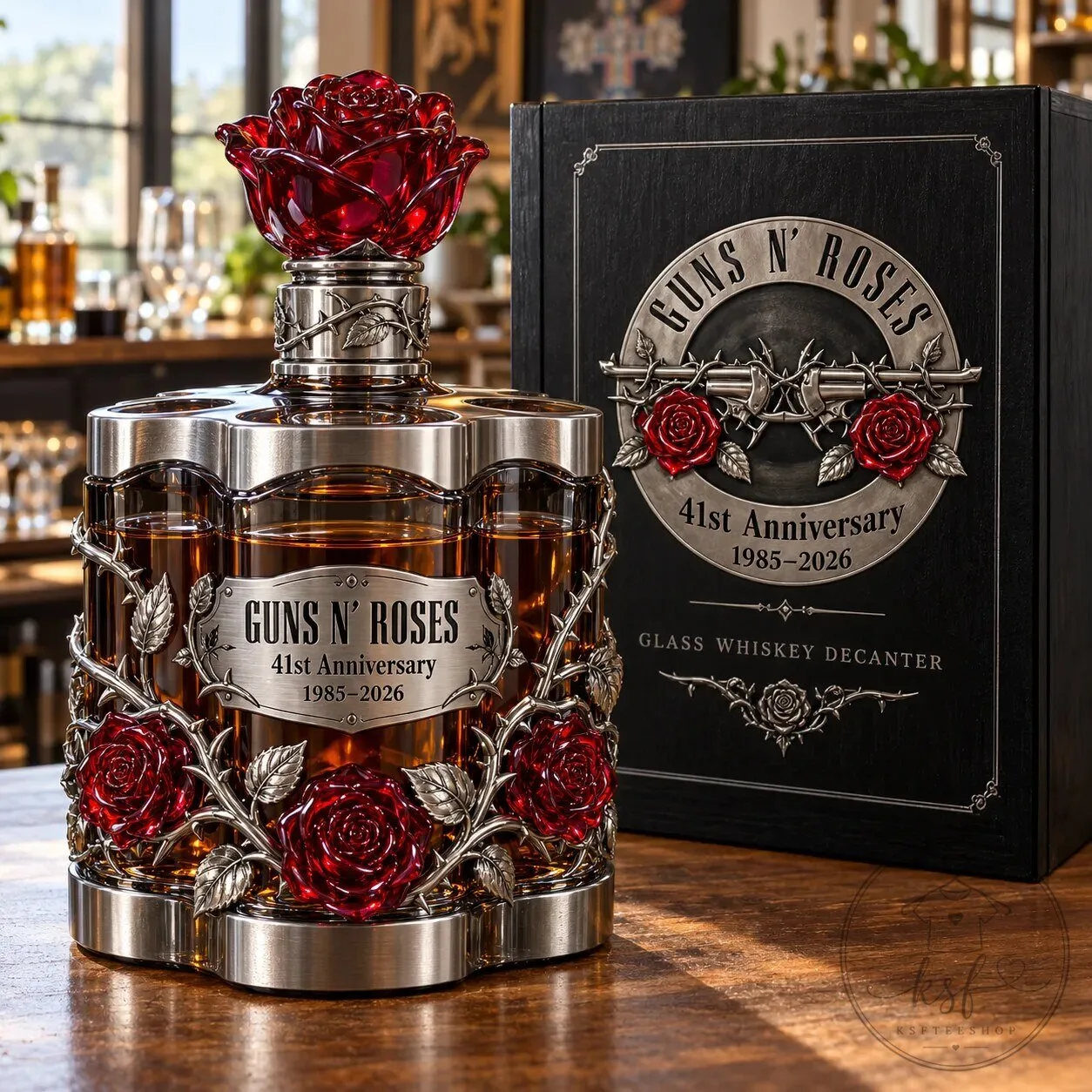 Guns N' Roses 41st Anniversary Glass Whiskey Decanter with Rose Stopper