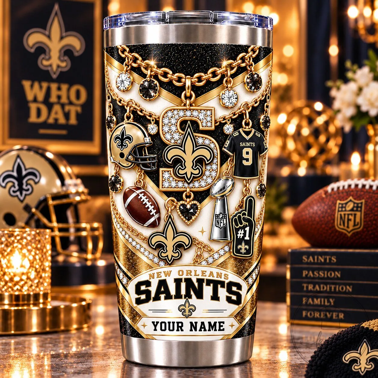 New Orleans Saints Personalized Sparkle Black and Gold Football Tumbler