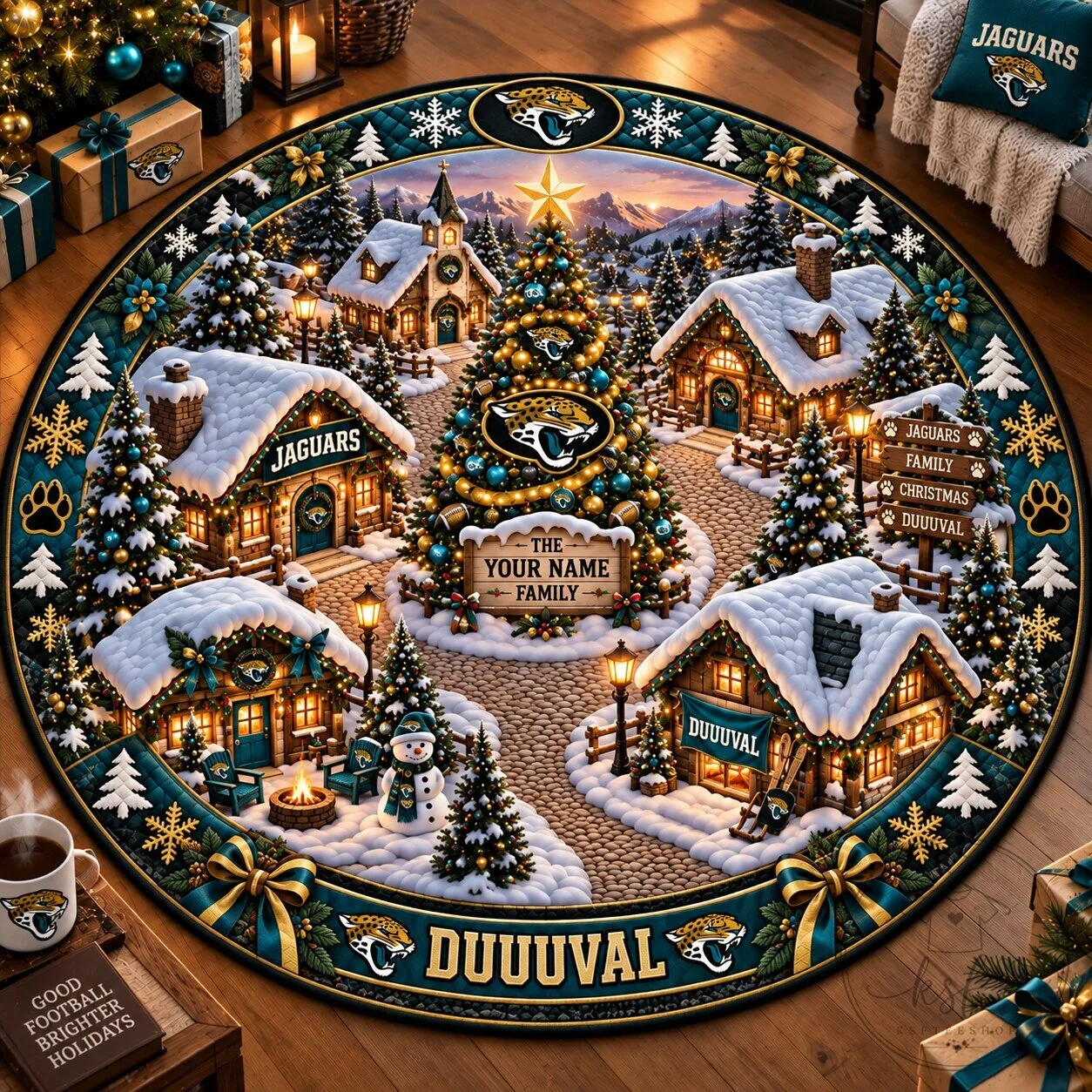 Jacksonville Jaguars Christmas Winter Village Personalized Round Rug