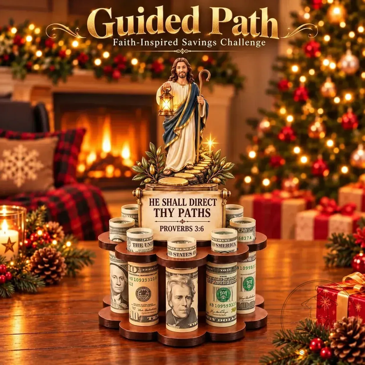 Jesus Christ Guided Path Faith Inspired Savings Challenge Cash Organizer Figurine