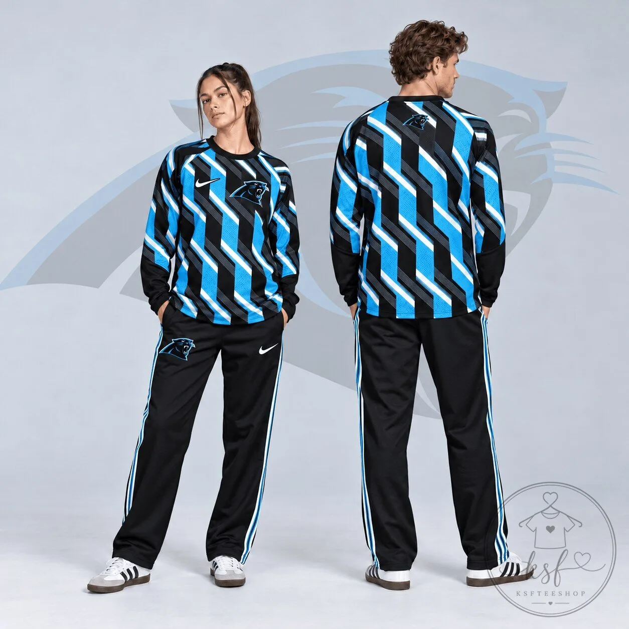 Carolina Panthers Bold Diagonal Stripe Long Sleeve Crewneck Shirt