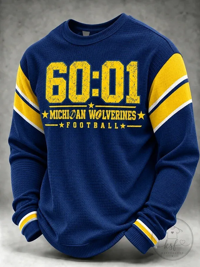 Michigan Wolverines Football Team Blue and Yellow Striped Crewneck Sweatshirt