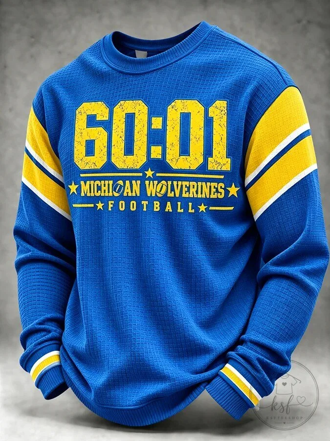 Michigan Wolverines Football Team Blue and Yellow Striped Crewneck Sweatshirt 11 Michigan Wolverines Football Team Blue and Yellow Striped Crewneck Sweatshirt