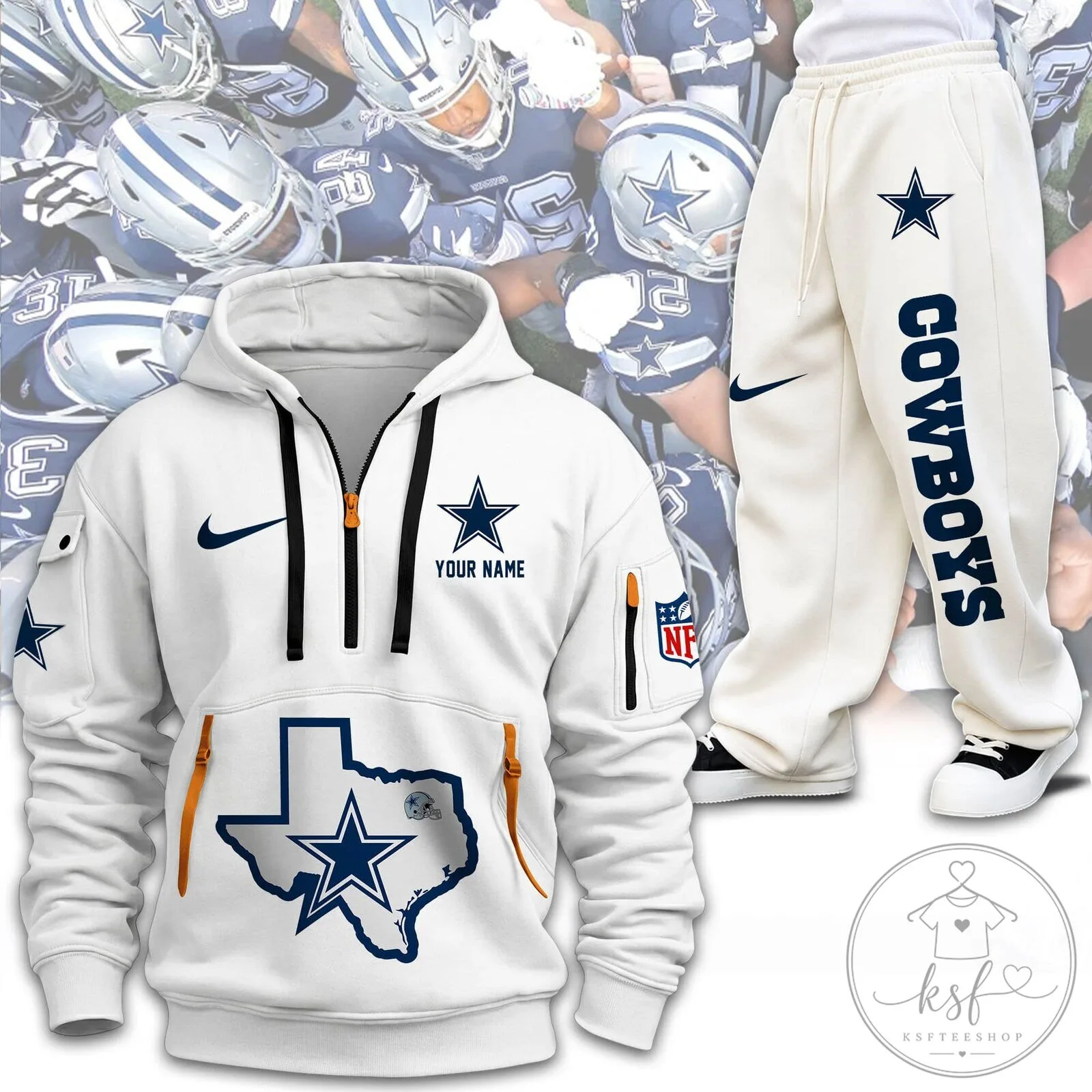 Dallas Cowboys NFL Team Logo Custom Name Quarter Zip Hoodie