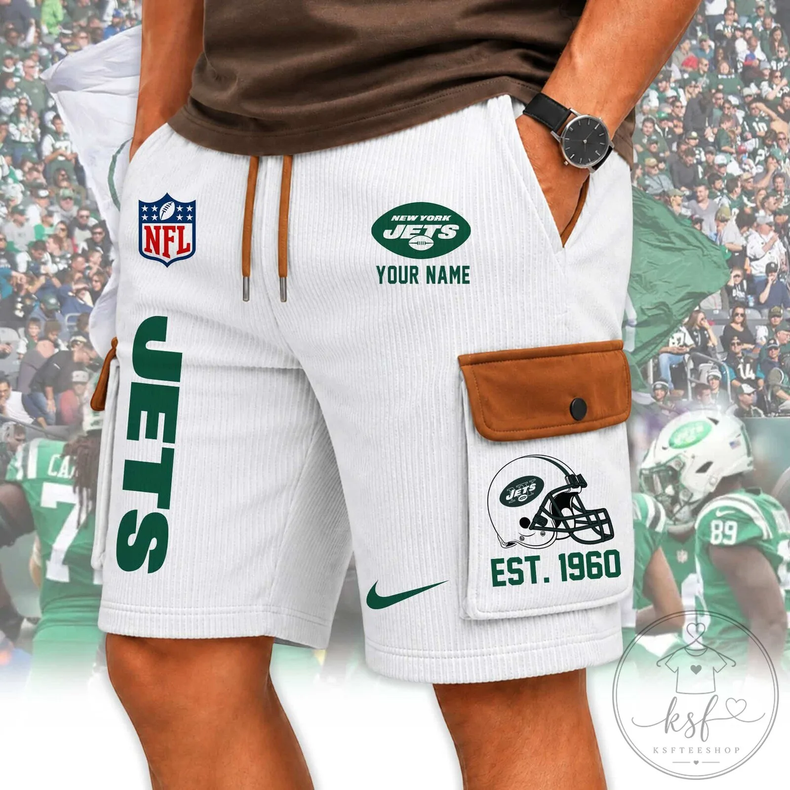 New York Jets NFL Custom Name White Cargo Shorts for Men