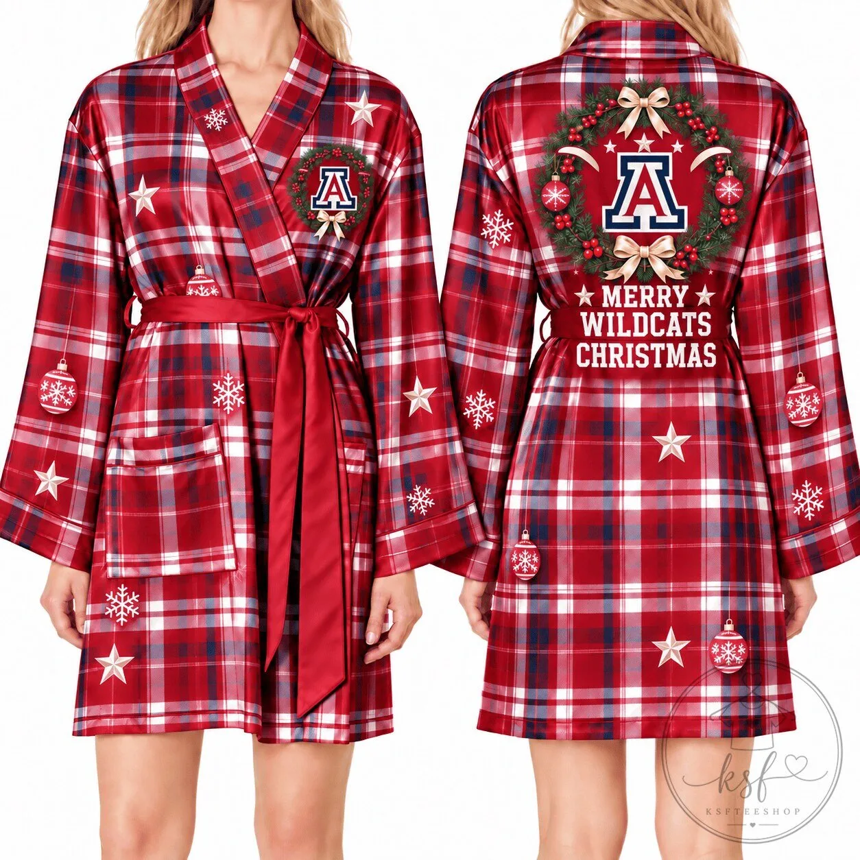 Arizona Wildcats Merry Christmas Plaid Holiday Satin Robe