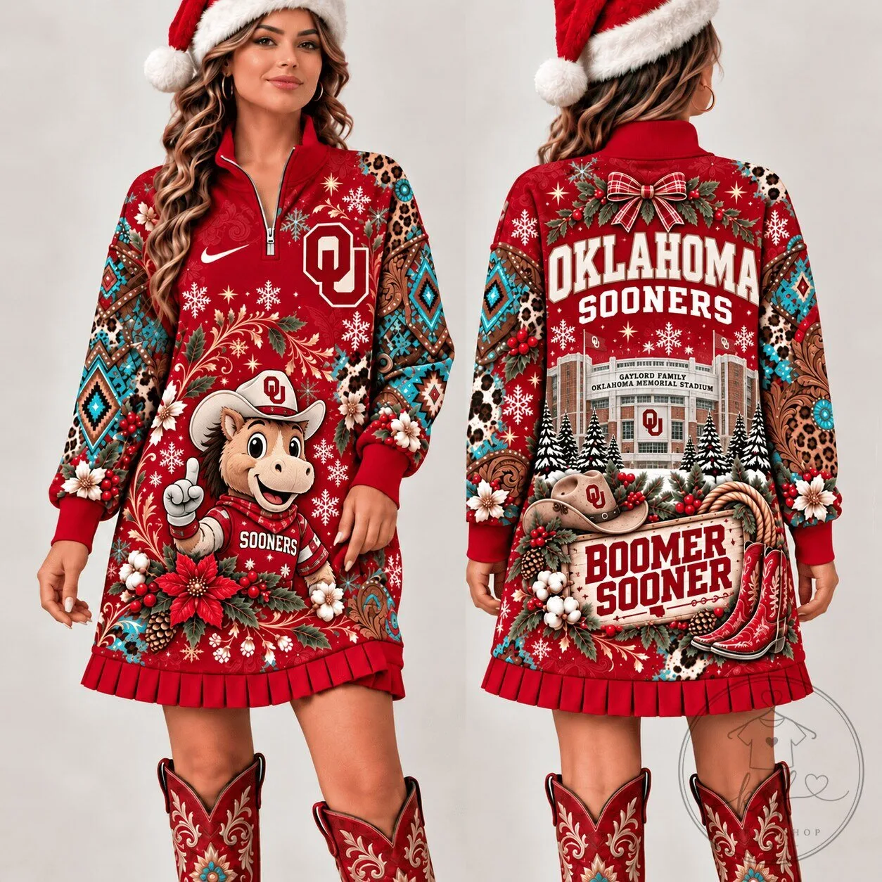 Oklahoma Sooners Christmas Western Boho Quarter-Zip Sweatshirt Dress