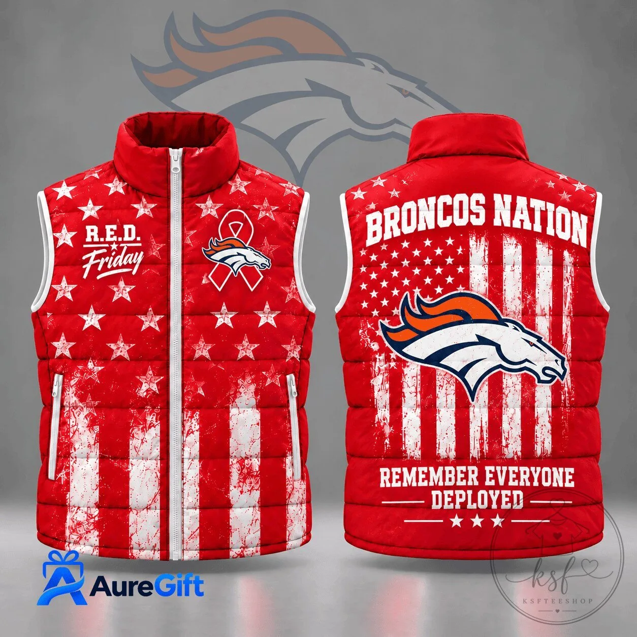 Denver Broncos R.E.D. Friday Remember Everyone Deployed Patriotic Puffer Vest