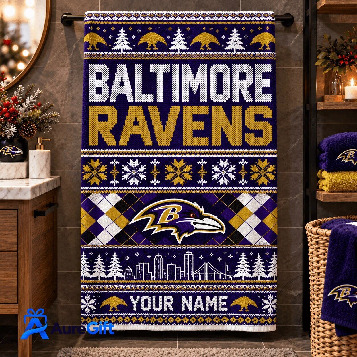 Baltimore Ravens NFL Christmas Ugly Sweater Personalized Bath Towel