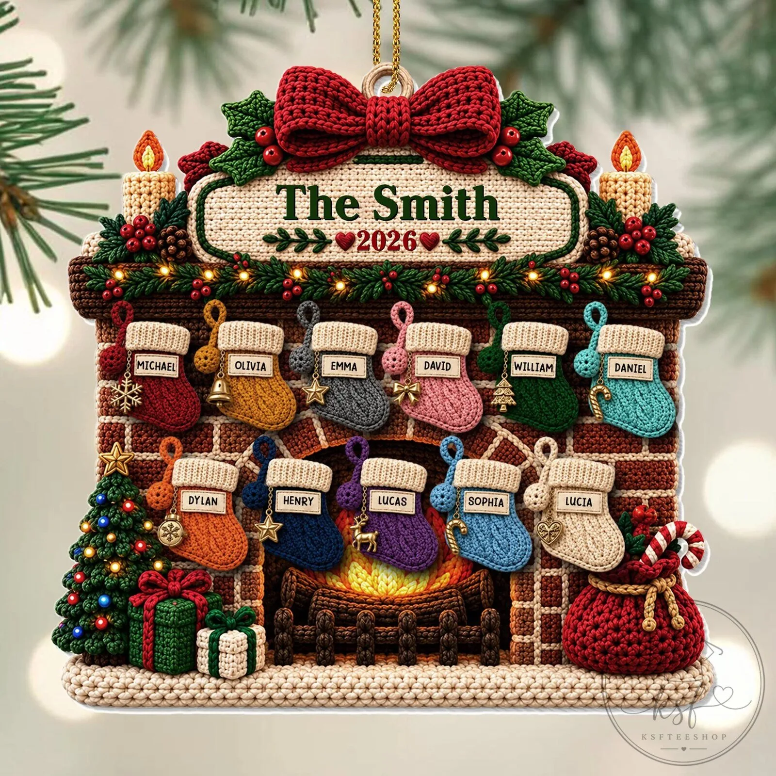 Personalized Family Christmas Fireplace Stockings Acrylic Ornament