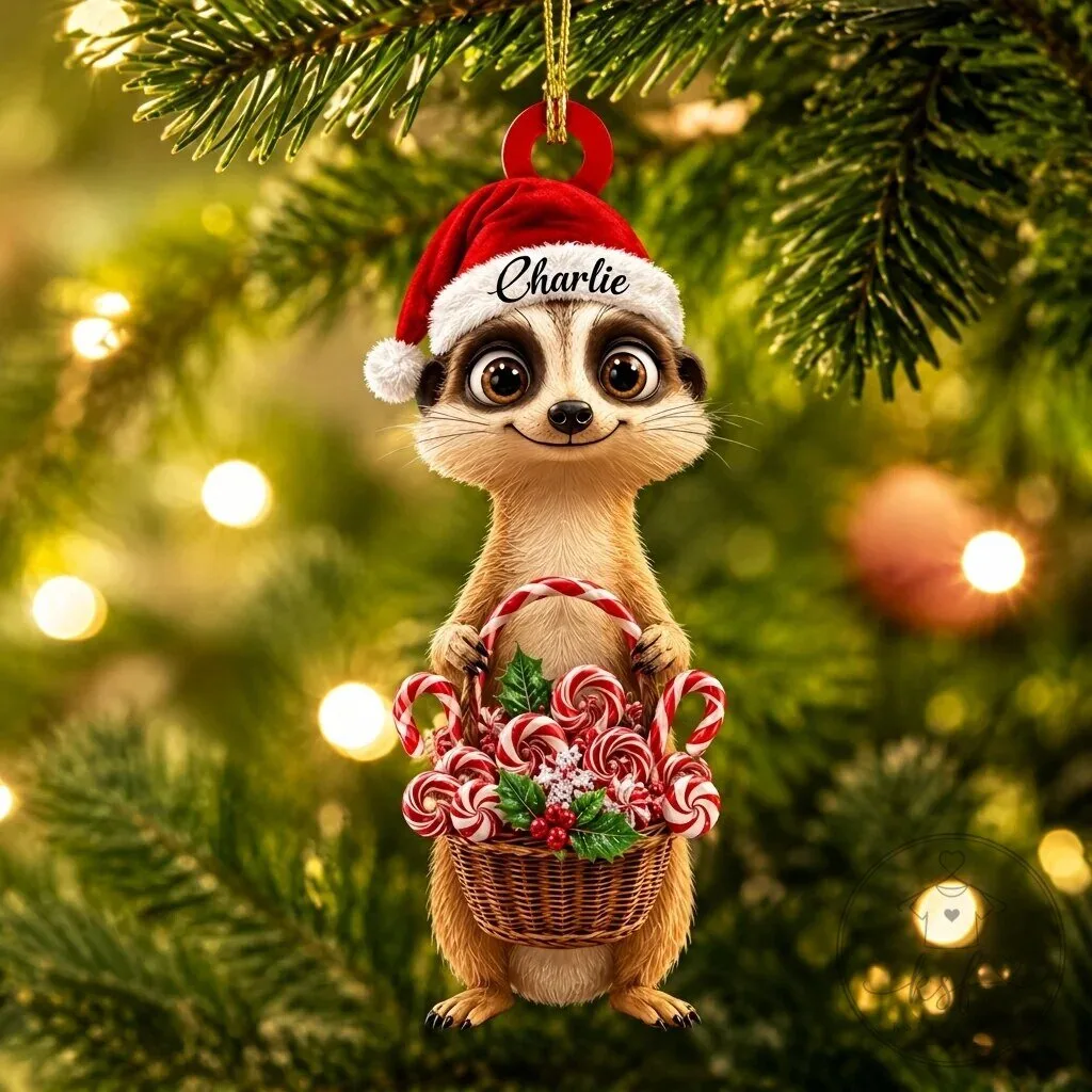 Personalized Meerkat Christmas Ornament with Candy Basket and Santa Hat