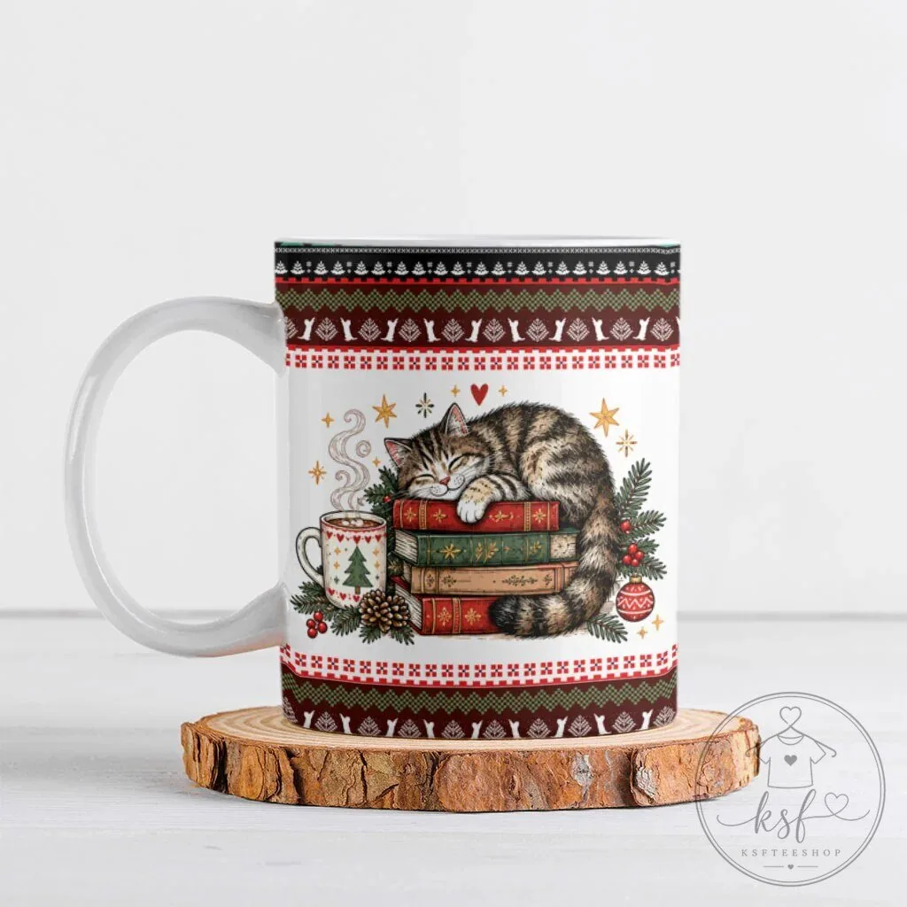 Christmas Cat Sleeping on Books Fair Isle Knit Pattern Coffee Mug