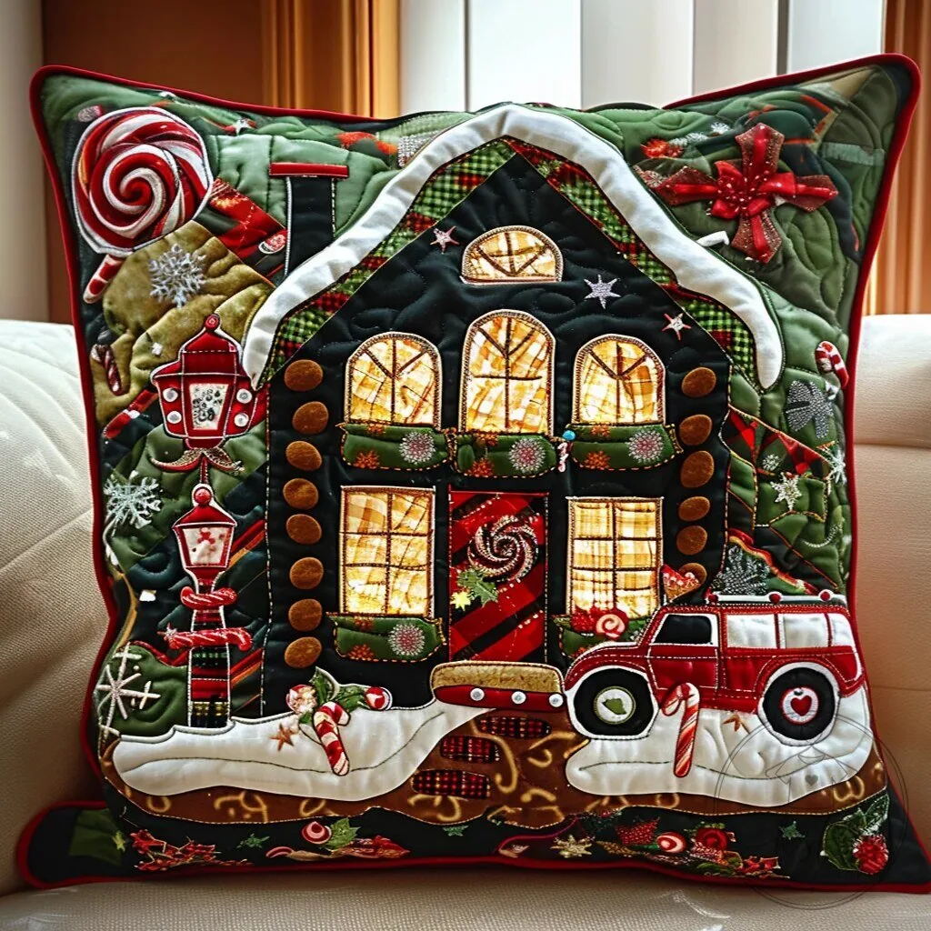 Festive Gingerbread House Christmas Quilted Throw Pillow Cover