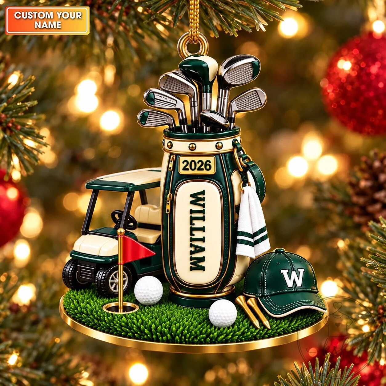 Personalized Golf Bag and Cart Christmas Ornament with Custom Name and Year
