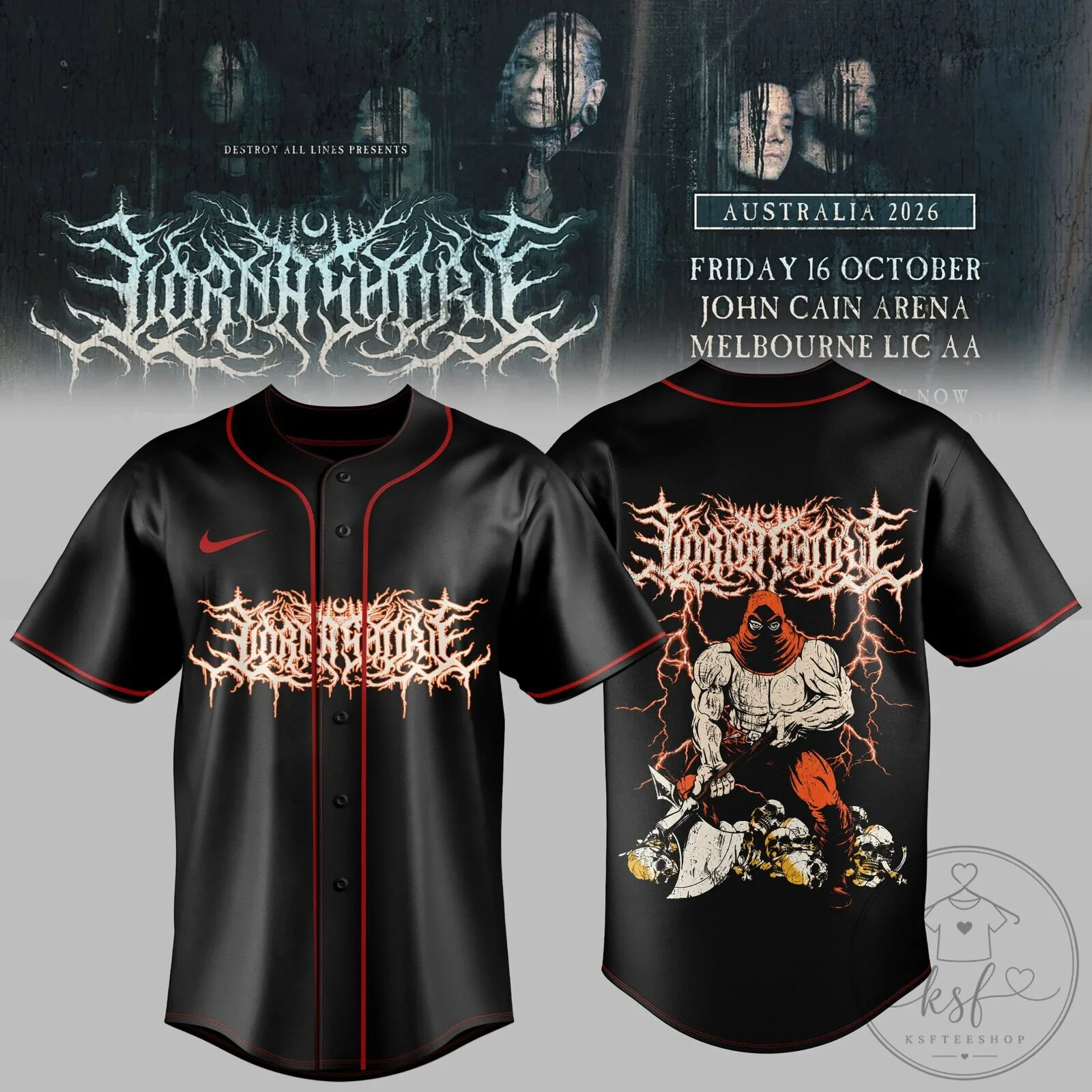 Lorna Shore Australia New Zealand Tour 2026 Black Baseball Jersey