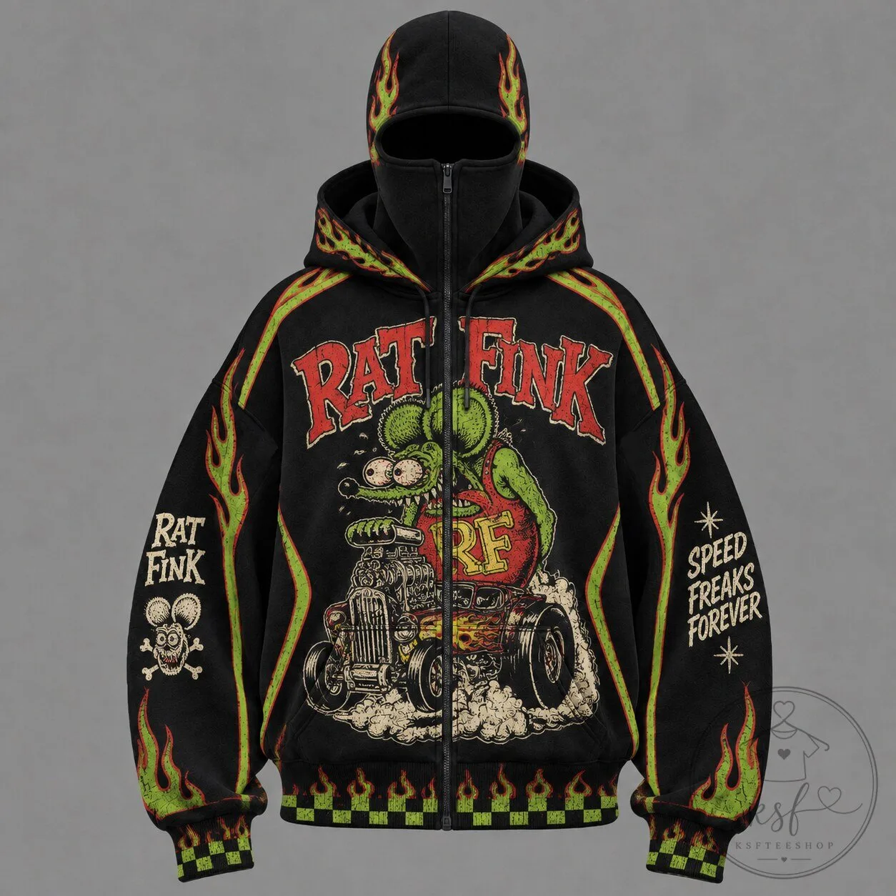 Rat Fink Hot Rod Flame Graphic Full Zip Balaclava Hoodie