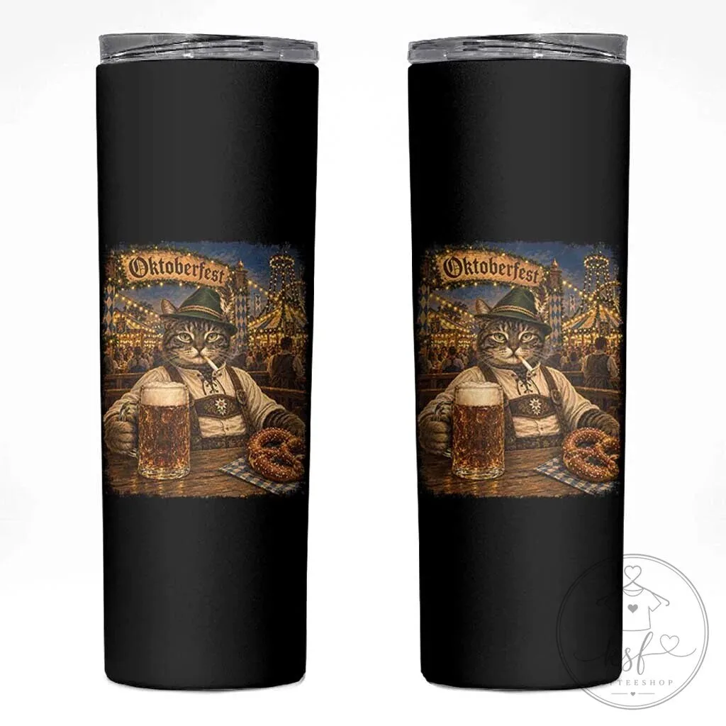Oktoberfest Cat Drinking Beer and Pretzel Bavarian Kitten Skinny Tumbler