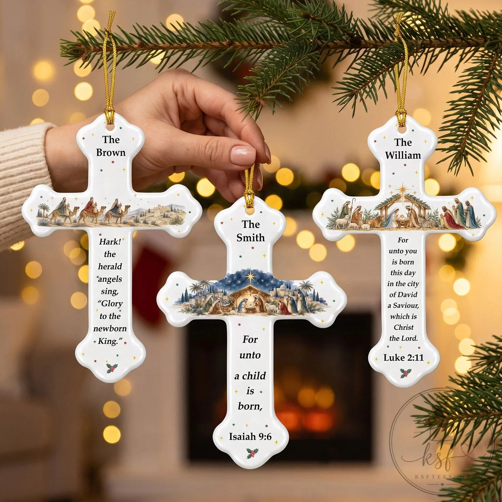 Personalized Nativity Scene Christmas Cross Ornament with Bible Verse 6 Personalized Nativity Scene Christmas Cross Ornament with Bible Verse