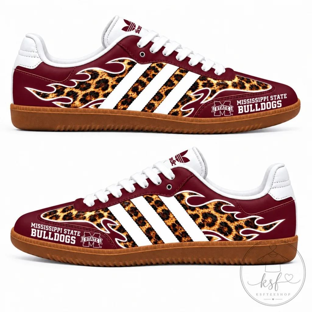 Mississippi State Bulldogs Leopard Print Flame Design White Stripe Shoes Mississippi State Bulldogs Leopard Print Flame Design White Stripe Shoes